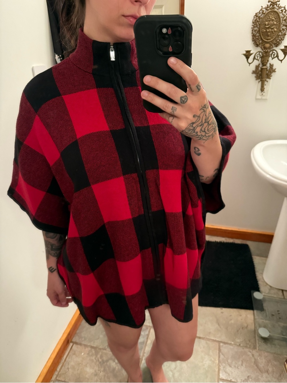 Jones New York Red and Black Knit Zip Cardigan